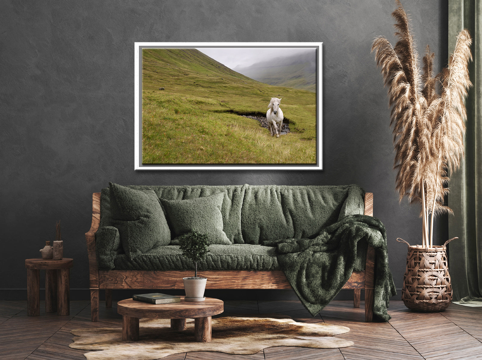 A majestic wild, white horse running free through the foggy cliffs of the Faroe Islands. Framed canvas wall art by Kristen Olivares