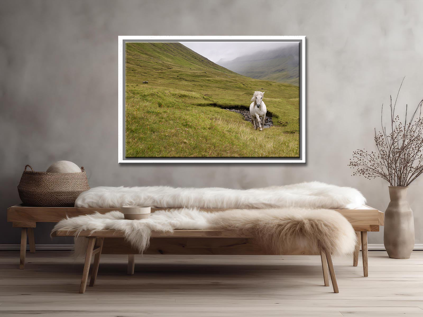 A majestic wild, white horse running free through the foggy cliffs of the Faroe Islands. Framed canvas wall art by Kristen Olivares