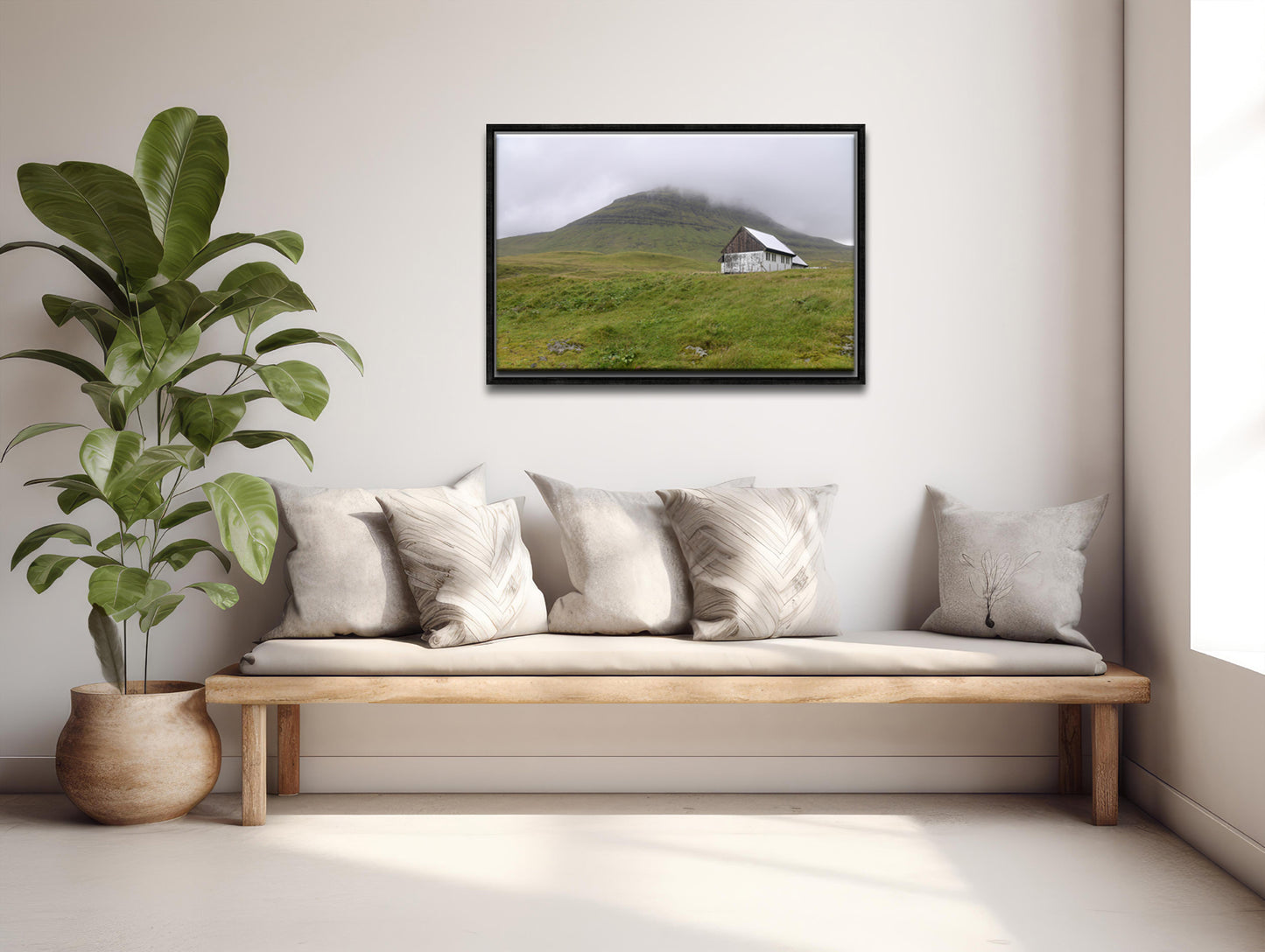 Beautiful White House on the quaint land of the Faroe Islands. Set upon the foggy cliffs. Framed fine art photography by Kristen Olivares. 