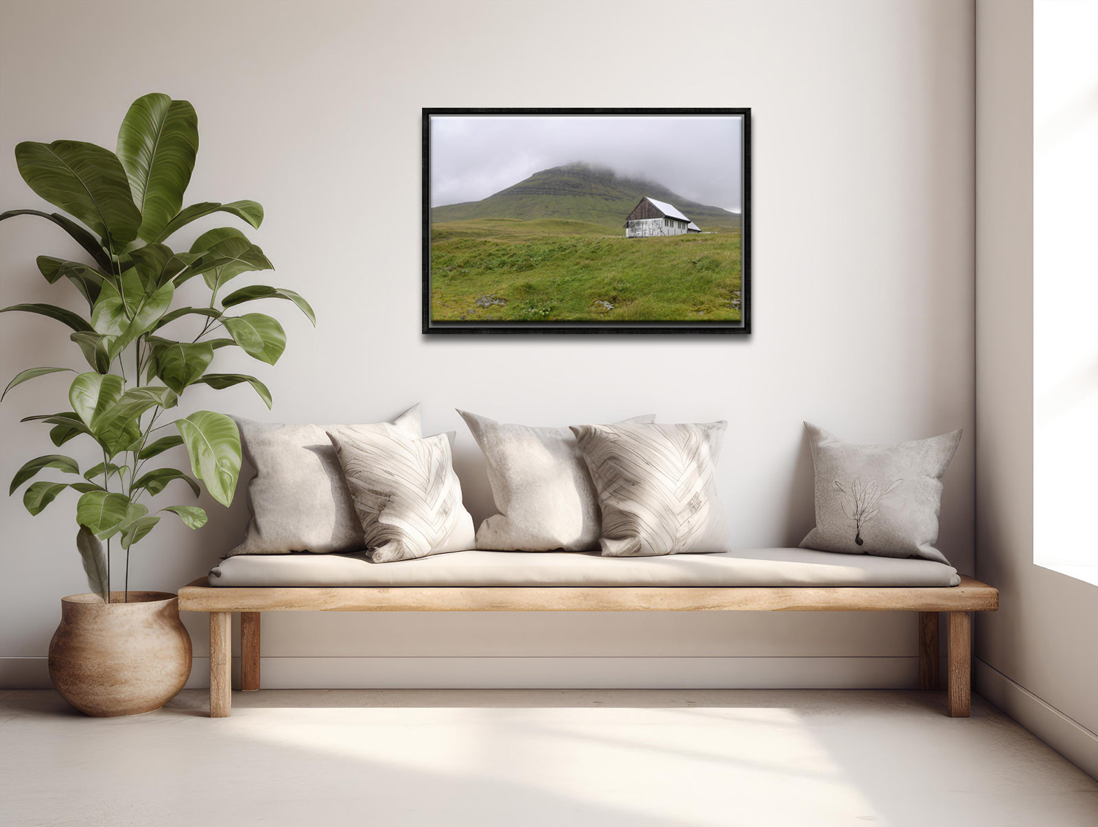 Beautiful White House on the quaint land of the Faroe Islands. Set upon the foggy cliffs. Framed fine art photography by Kristen Olivares. 