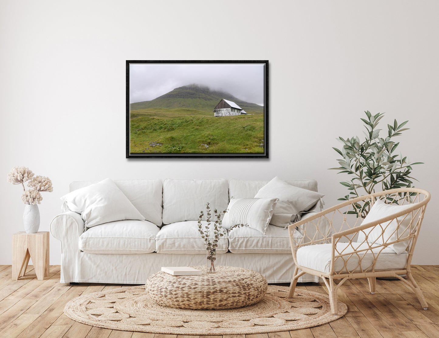 Beautiful White House on the quaint land of the Faroe Islands. Set upon the foggy cliffs. Framed fine art photography by Kristen Olivares. 