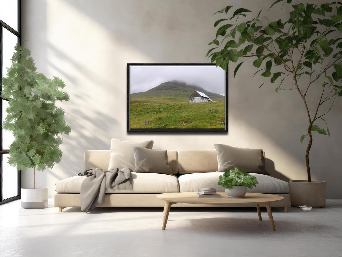 Beautiful White House on the quaint land of the Faroe Islands. Set upon the foggy cliffs. Framed fine art photography by Kristen Olivares. 