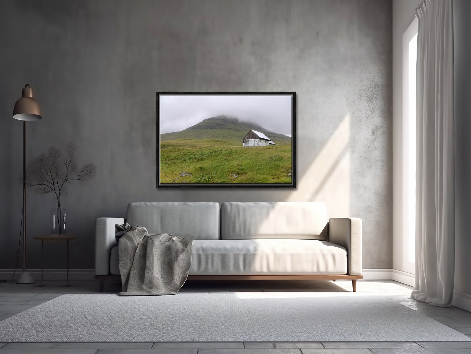 Beautiful White House on the quaint land of the Faroe Islands. Set upon the foggy cliffs. Framed fine art photography by Kristen Olivares. 