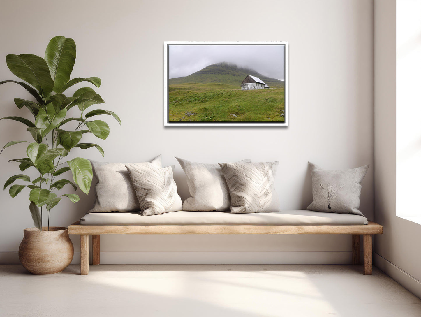 Beautiful White House on the quaint land of the Faroe Islands. Set upon the foggy cliffs. Framed fine art photography by Kristen Olivares. 