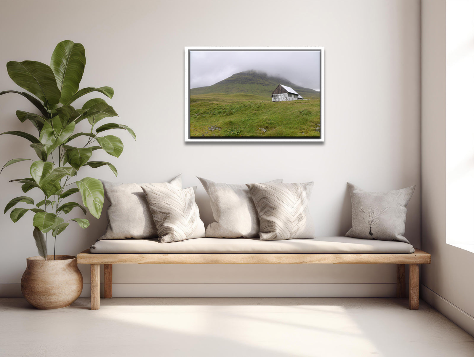 Beautiful White House on the quaint land of the Faroe Islands. Set upon the foggy cliffs. Framed fine art photography by Kristen Olivares. 