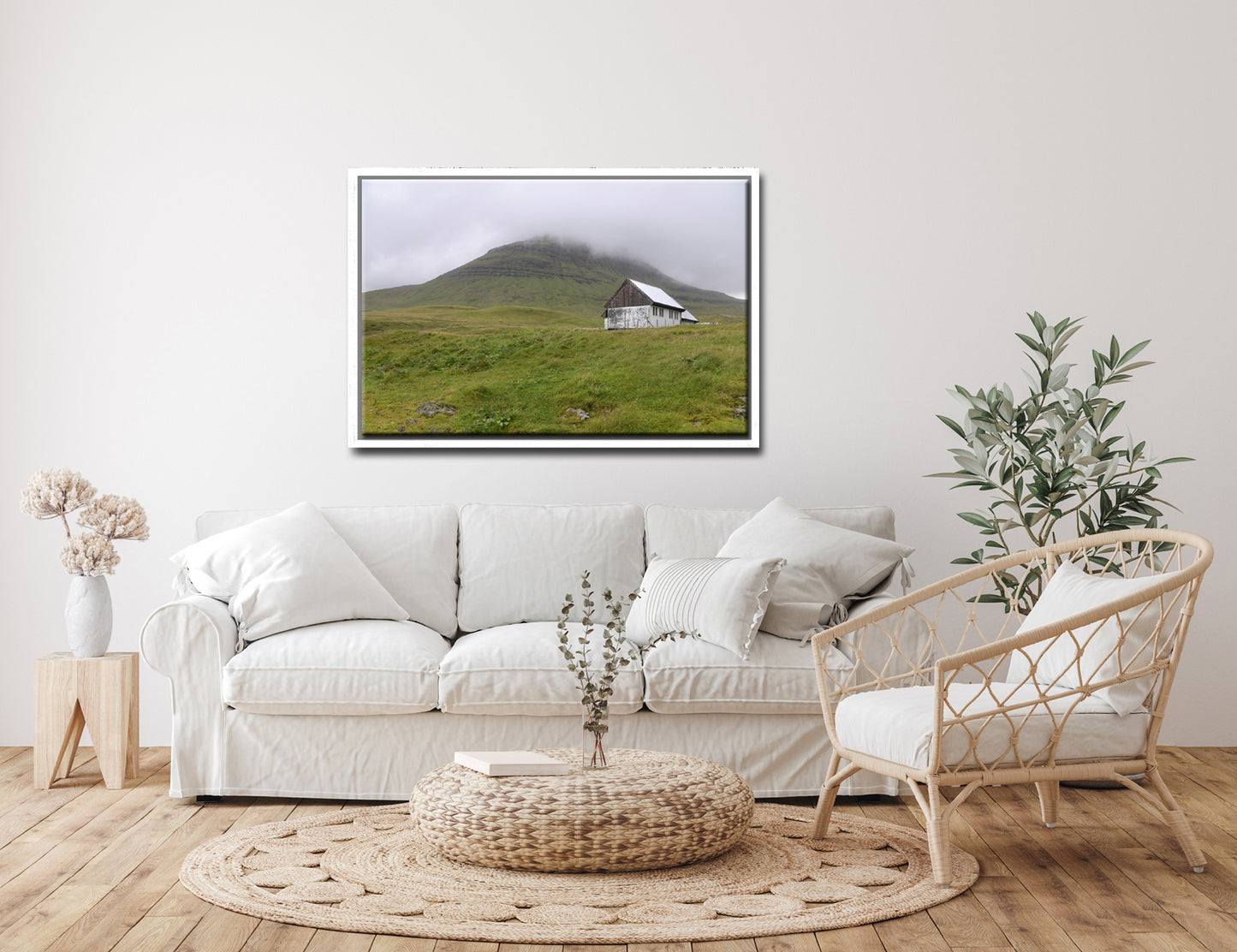 Beautiful White House on the quaint land of the Faroe Islands. Set upon the foggy cliffs. Framed fine art photography by Kristen Olivares. 