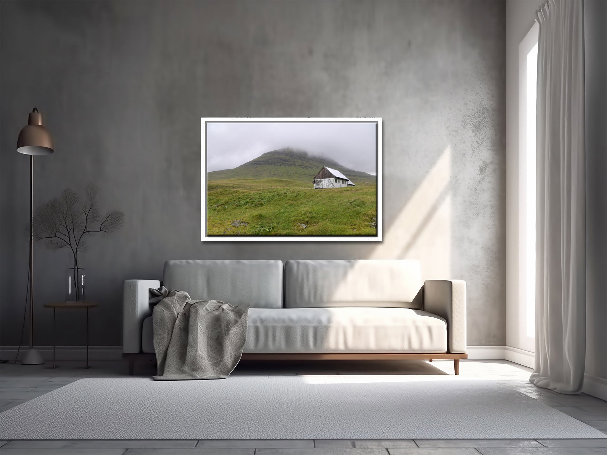 Beautiful White House on the quaint land of the Faroe Islands. Set upon the foggy cliffs. Framed fine art photography by Kristen Olivares. 