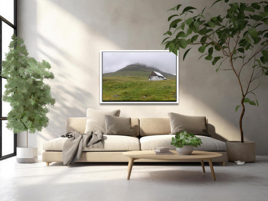 Beautiful White House on the quaint land of the Faroe Islands. Set upon the foggy cliffs. Framed fine art photography by Kristen Olivares. 