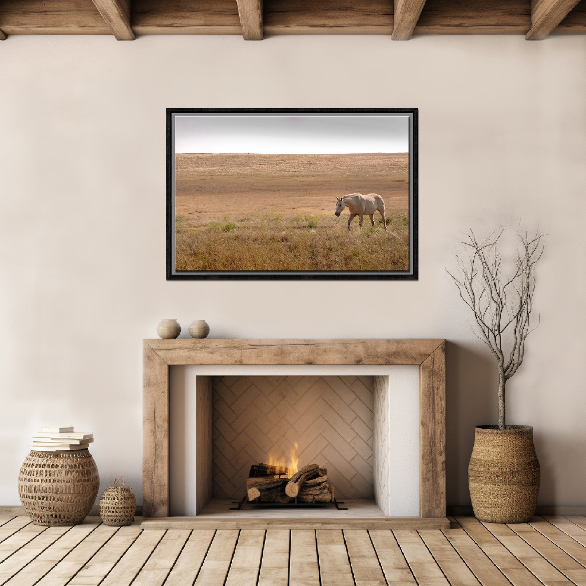 A beautiful tan wild horse in the western fields of Yellowstone.Framed Canvas Art Fine Art Photography by Kristen Olivares.