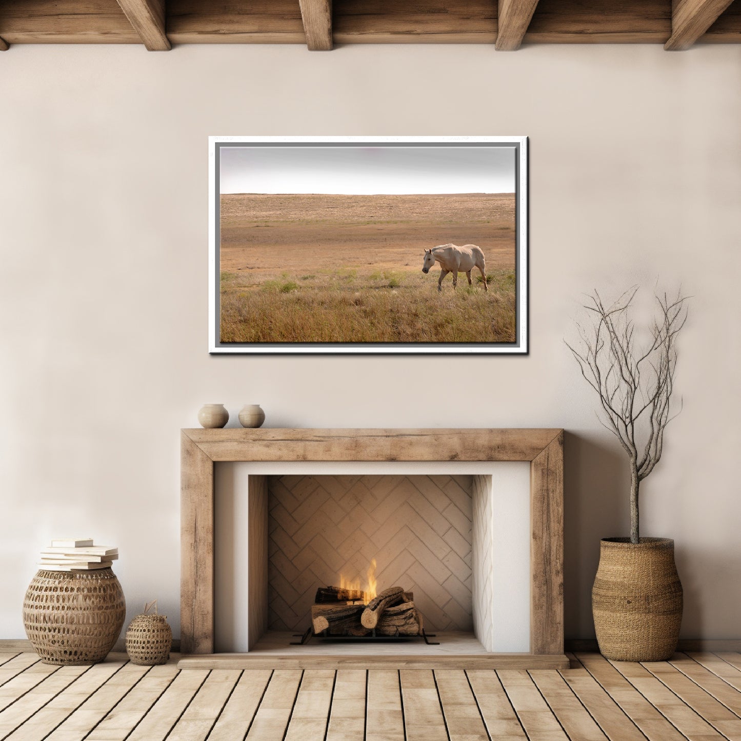 A beautiful tan wild horse in the western fields of Yellowstone.Framed Canvas Art Fine Art Photography by Kristen Olivares