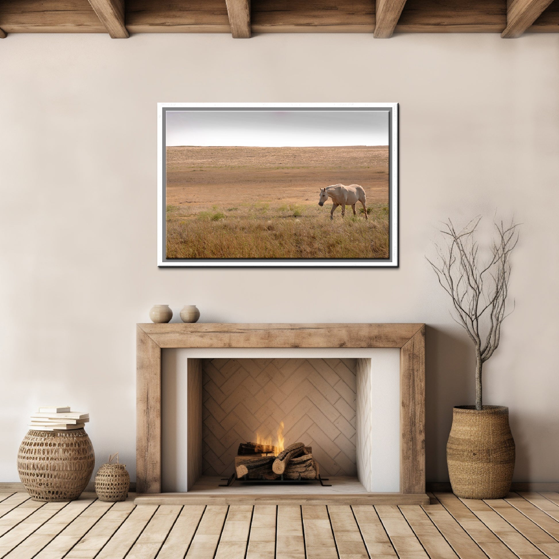 A beautiful tan wild horse in the western fields of Yellowstone.Framed Canvas Art Fine Art Photography by Kristen Olivares