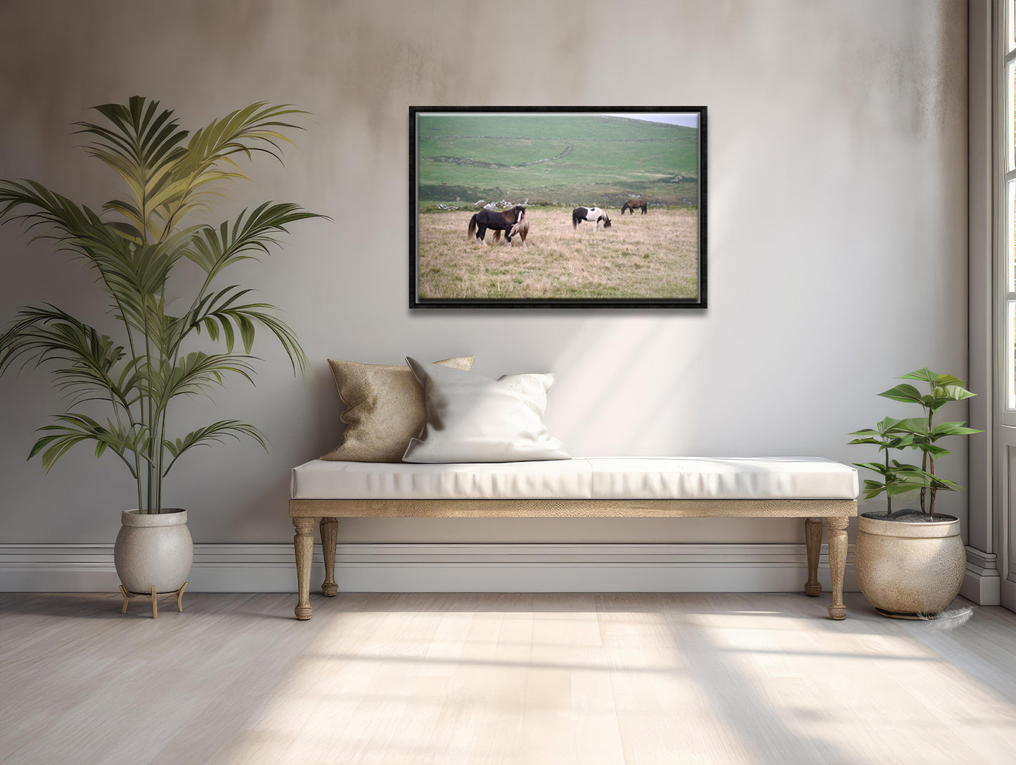 A field of wild, playful and grazing horses interacting in the fields of Ireland. Framed canvas wall art by Kristen Olivares.
