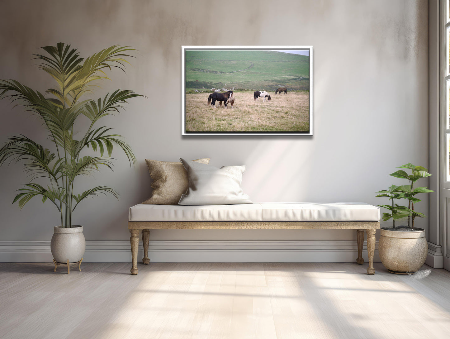 A field of wild, playful and grazing horses interacting in the fields of Ireland. Framed canvas wall art by Kristen Olivares.