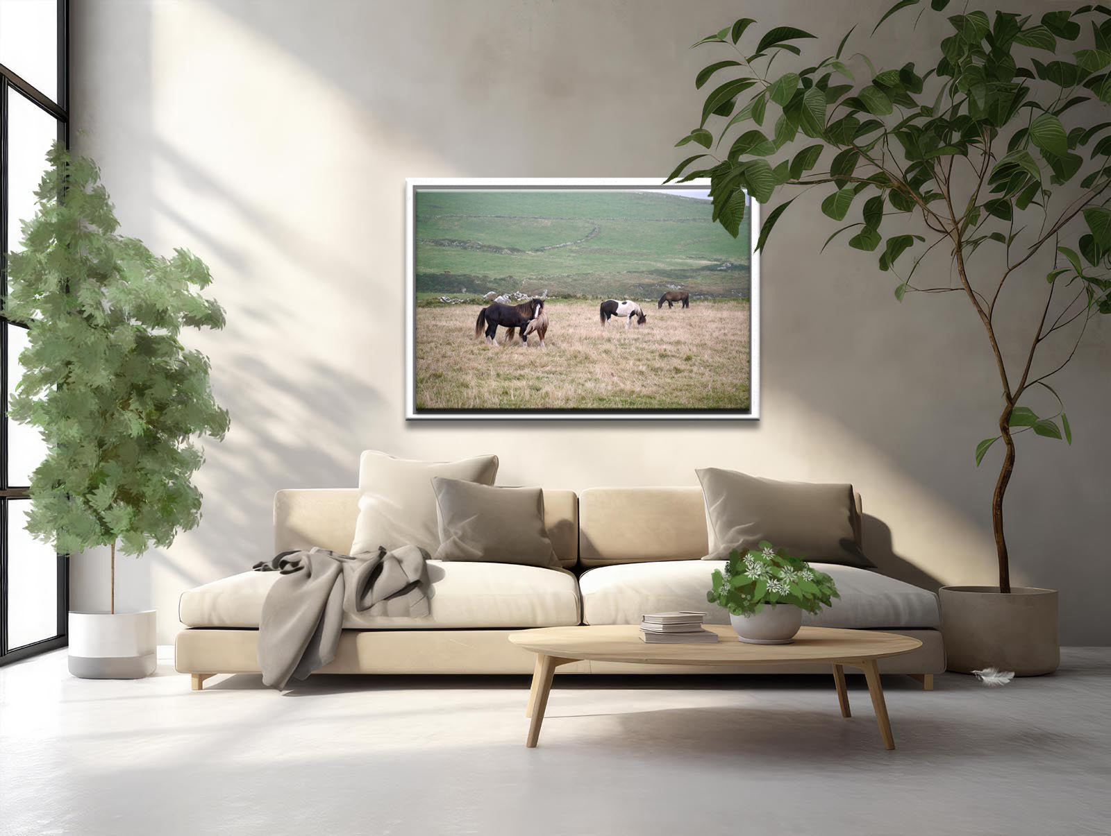 A field of wild, playful and grazing horses interacting in the fields of Ireland. Framed canvas wall art by Kristen Olivares.